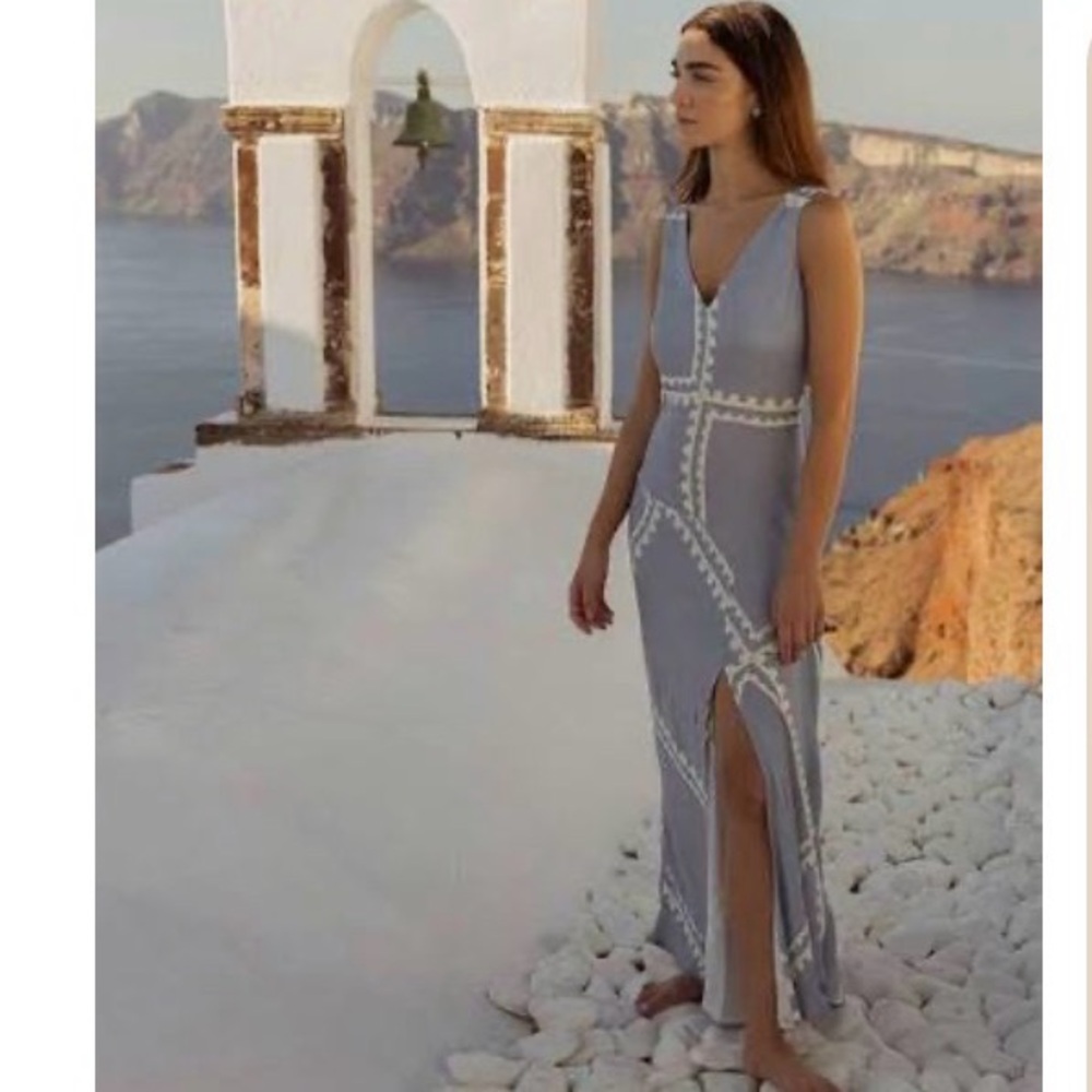 MON RENN Serape Sleeveless Blue Postcards Fitted Maxi Dress--NWT--10/M - Picture 12 of 16